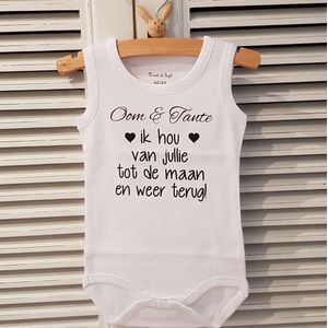 Baby Rompertje cadeautje zwangerschap aankondiging tekst |  oom en tante ik hou van jullie tot de maan en weer terug | korte mouw mouwloos | wit zwart | maat 62/68 | geboorte kraamcadeau cadeau