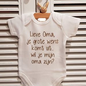 Baby Rompertje met tekst bekendmaking zwangerschap aankondiging - announcement lieve oma je grote wens komt uit wil jij mijn oma zijn ? | korte mouw | wit goud | maat 50-56|  Cadeau voor de liefste aanstaande oma