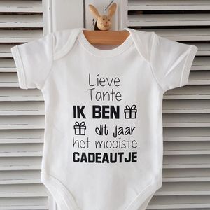 Rompertje met tekst Lieve tante Ik ben dit jaar het mooiste cadeautje | korte mouw | wit zwart | maat 50-56 bekendmaking zwangerschap aanstaande baby jongen meisje unisex