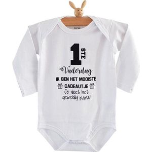 Rompertje baby tekst cadeau |  mijn eerste vaderdag ik ben het mooiste cadeautje je doet het geweldig papa | Lange mouw | wit zwart | maat 74-80 bekendmaking zwangerschap aanstaande baby jongen meisje unisex