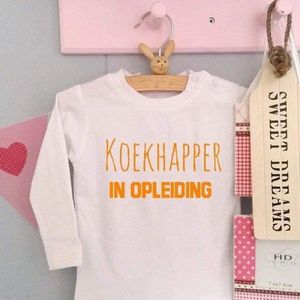Baby Rompertje tekst | (Mijn eerste koningsdag ) koekhapper in opleiding | lange mouw | wit oranje | maat 50-56 hup holland hup Nederland supporter