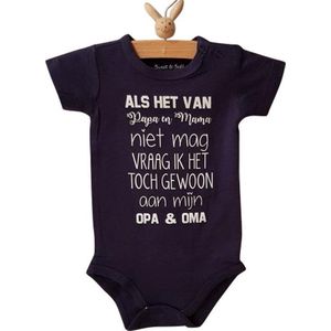 Baby Rompertje blauw met tekst Als het van papa en mama niet mag vraag ik het toch gewoon aan mijn opa en oma | korte mouw | donkerblauw | maat 74-80 jongen meisje