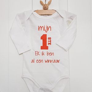 Baby Rompertje tekst  Mijn eerste EK - Oranje baby voetbal Nederlands elftal | Mijn eerste EK  ik ben al een winnaar| lange mouw | wit oranje | maat 50-56 hup holland hup Nederland supporter