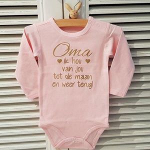Baby Rompertje met tekst roze meisje oma ik hou van jou tot aan de maan en terug lange mouw roze goud maat 50-56