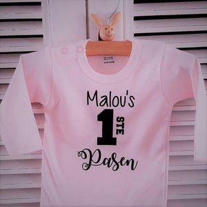 Baby Rompertje tekst roze meisje | Mijn eerste pasen | lange mouw | roze zwart met naam | maat 50-56