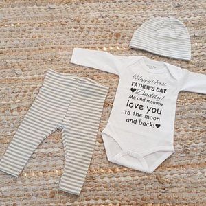 set romper papa baby met tekst eerste vaderday happy first fathers day daddy grijs streep maat 50-56 jongen meisje