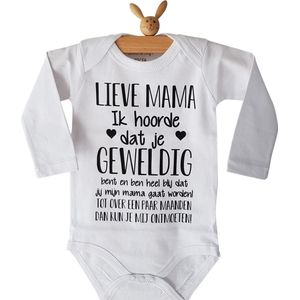 Baby rompertje met tekst | Lieve Mama Ik hoorde dat je geweldig bent en ben heel blij dat jij mijn mama gaat worden! ...  ontmoeten!  | lange mouw | maat 50-56 | aankondiging bekendmaking zwangerschap cadeau voor de liefste aanstaande