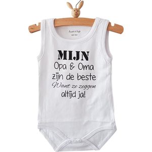 Baby Rompertje cadeautje zwangerschap aankondiging tekst |  mijn opa en oma zijn de beste want ze zeggen altijd ja | korte mouw mouwloos | wit zwart | maat 62/68 | geboorte kraamcadeau cadeau