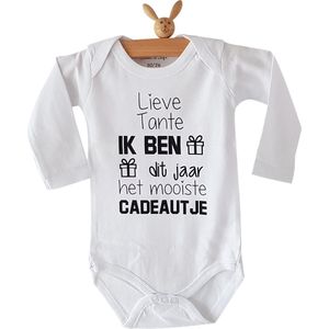 Rompertje met tekst Lieve tante Ik ben dit jaar het mooiste cadeautje | lange mouw | wit zwart | maat 62-68 bekendmaking zwangerschap aanstaande baby jongen meisje unisex