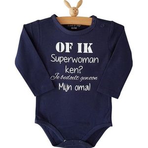 Baby Rompertje oma Of ik superwoman ken? Je bedoelt gewoon mijn oma! | Lange mouw | blauw wit | maat 62/68| bekendmaking zwangerschap aankondiging cadeau voor de liefste aanstaande oma
