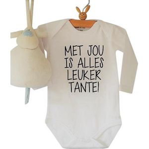 Baby Rompertje lange mouw met tekst voor de liefste tante: met jou is alles leuker tante -Maat 50-56 bekendmaking zwangerschap aanstaande baby jongen meisje unisex