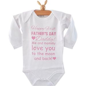 Baby Rompertje met tekst papa eerste Vaderdag cadeau meisje Happy first father’s Day | lange mouw | wit roze | maat 62/68