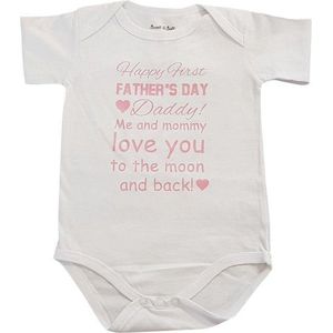 baby romper eerste vaderdag tekst papa happy first fathers day korte mouw wit met roze meisje maat 62-68