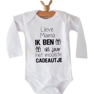 Rompertje met tekst Lieve mama Ik ben dit jaar het mooiste cadeautje | lange mouw | wit zwart | maat 62-68 bekendmaking zwangerschap aanstaande baby jongen meisje unisex