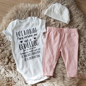 MM Baby pakje cadeau geboorte meisje set met tekst hoi mama papa vertelde aanstaande zwanger kledingset pasgeboren unisex Bodysuit | Huispakje | Kraamkado | Gift Set babyset kraamcadeau  babygeschenk babygeschenkset kraampakket