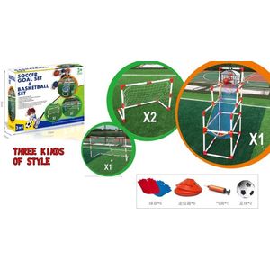 2in1 Voetbaldoel en basketbalset incl potjes, hesjes, ballen basketbalreturner