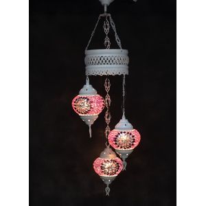 Oosterse lamp 3 glazen paars roos bollen mozaiek kroonluchter
