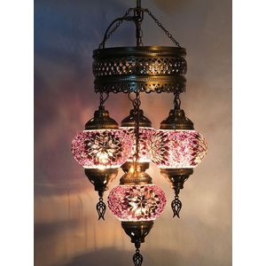 Oosterse Turkse lamp 4 bollen multicolour roze roos mozaiek kroonluchter