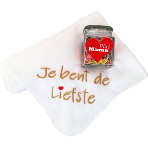 Geborduurde fleecedeken 'Je bent de liefste' met gevulde snoeppot voor Plus-mama - Plaid - Moederdag Cadeau