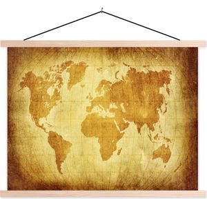 Posterhanger incl. Poster 150x113 cm - Schoolplaat - Wereldkaart - Vintage - Bruin - Textielposter - Blanke latten