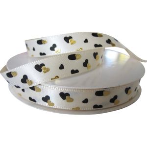 Valentijn Lint 10mm (1cm) | Luxe Satijn Lint | Design Dubbel Hart Satijnlint | Klassiek Satijnlint | Creme Ivoor Zwart Goud | Cadeau Lint | Decoratielint | Bruiloft Lint | Rol: 10 Meter