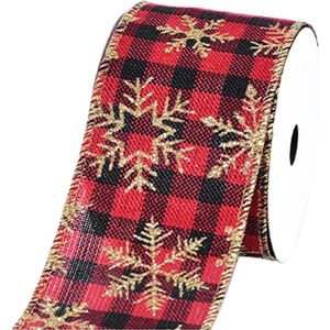 Kerst Lint met IJzerdraad | Jute Burlap Linnen Look Lint | Geruit Lint Gingham | Luxe Weefband 63mm (6,3cm) | Ruit Sneeuwvlok Kerstlint | Rood Zwart Goud Lurex | Decoratielint | Stoffen Lint | Cadeaulint | Lengte: 3 Meter