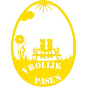 Herbruikbare raamsticker paasei vrolijk pasen, konijn op bankje | Rosami Decoratiestickers