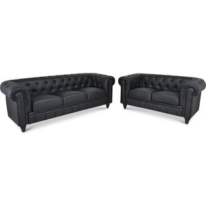 Chesterfield Banken Set - Leder - 2 & 3 Zits - Zwart - Design