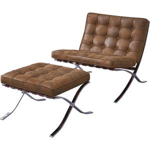 Barcelona Chair + Hocker - Vintage Bruin - RVS - Suede Leder - Premium