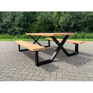 picknicktafel staal en Lariks hout| stalen X-frame| Douglas hout| moderne tuintafel| tuinset| tuinmeubelen| industriele picknicktafel| 200 cm