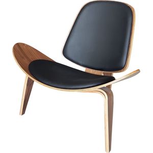 Shell Chair - Walnoot Hout - Zwart Leer - Stoel - Fauteuil - Loungestoel - Chair