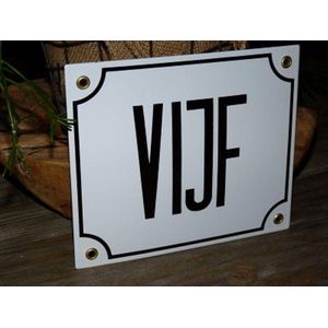 Emaille huisnummer 18x15 wit/zwart  VIJF