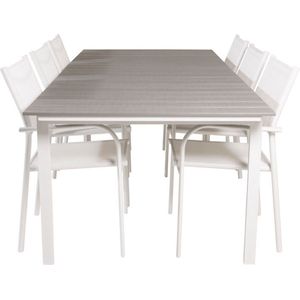 Levels tuinmeubelset tafel 100x229/310cm en 6 stoel Santorini wit, grijs.