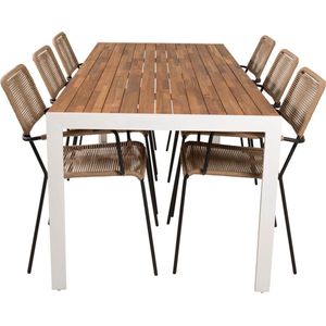 Bois tuinmeubelset tafel 90x205cm en 6 stoel armleuning Lindos zwart, naturel, wit.