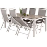 Llama tuinmeubelset tafel 100x205cm en 6 stoel 5pos Albany wit, grijs, crÃ¨mekleur.