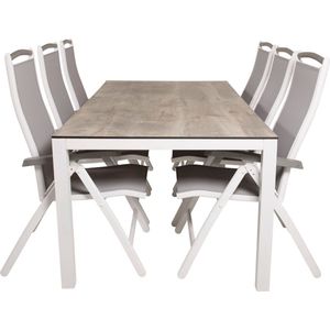 Llama tuinmeubelset tafel 100x205cm en 6 stoel 5pos Albany wit, grijs, crÃ¨mekleur.