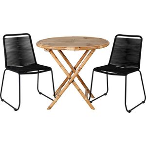 Cane tuinmeubelset tafel Ø80cm en 2 stoel S Lindos zwart, naturel.