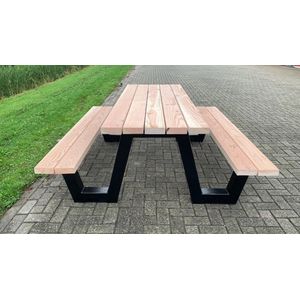 Picknicktafel| stalen frame| douglas hout| robuuste tuintafel| industrieel | 200 cm| tuintafels| Lariks hout| industriele picknicktafel| stalen N poten frame