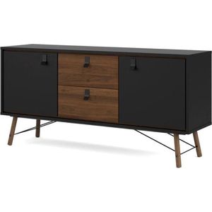 Hioshop Rye dressoir 2 deuren, 2 lades mat zwart, walnoot decor.