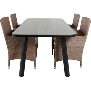 Paola tuinmeubelset tafel 100x200cm en 6 stoel Malin naturel, zwart.