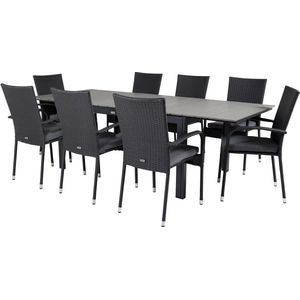 Levels tuinmeubelset tafel 100x160/240cm en 8 stoel Anna zwart, grijs.