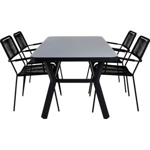 Virya tuinmeubelset tafel 90x160cm en 4 stoel armleuningS Lindos zwart, grijs.