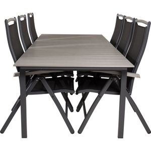 Levels tuinmeubelset tafel 100x229/310cm en 6 stoel 5pos Albany zwart, grijs.