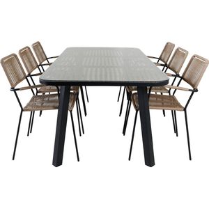 Paola tuinmeubelset tafel 100x200cm en 6 stoel armleuningL Lindos zwart, naturel.