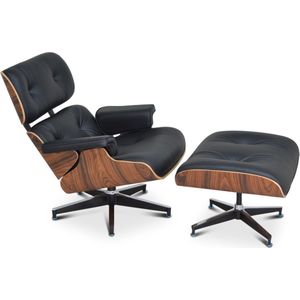 Lounge Chair + Hocker - Fauteuil - Stoel - Zwart - Leer - Relaxfauteuil