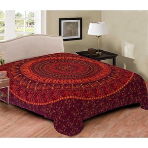 twee persoons Sprei - mandala - Olifantjes - Bordeaux rood/geel - katoen - 240x210