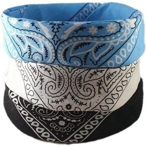 Femur - 3Pack Vintage Bandana – Boeren Zakdoek Hoofdband Classic Paisley Accessoires Sport - Zwart Wit Baby Blauw