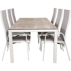 Llama tuinmeubelset tafel 100x205cm en 6 stoel Copacabana wit, grijs, crÃ¨mekleur.