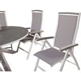 Copacabana tuinmeubelset tafel Ø140cm en 6 stoel 5pos Albany wit, grijs, crèmekleur.