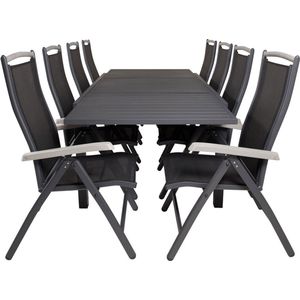 Marbella tuinmeubelset tafel 100x160/240cm en 8 stoel Albany zwart.